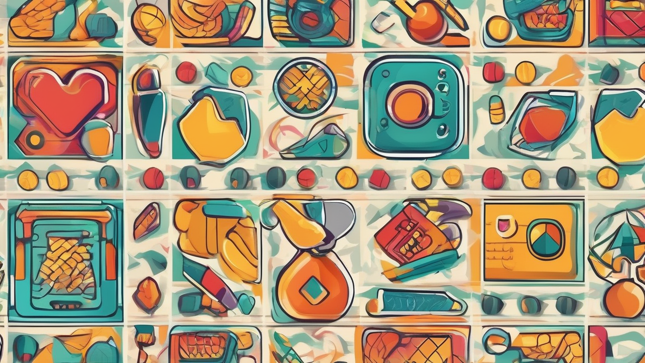 Abstract colorful pattern with game-themed elements creating visual interest