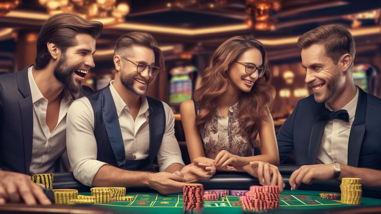 Diverse group of happy players enjoying social casino games on mobile devices