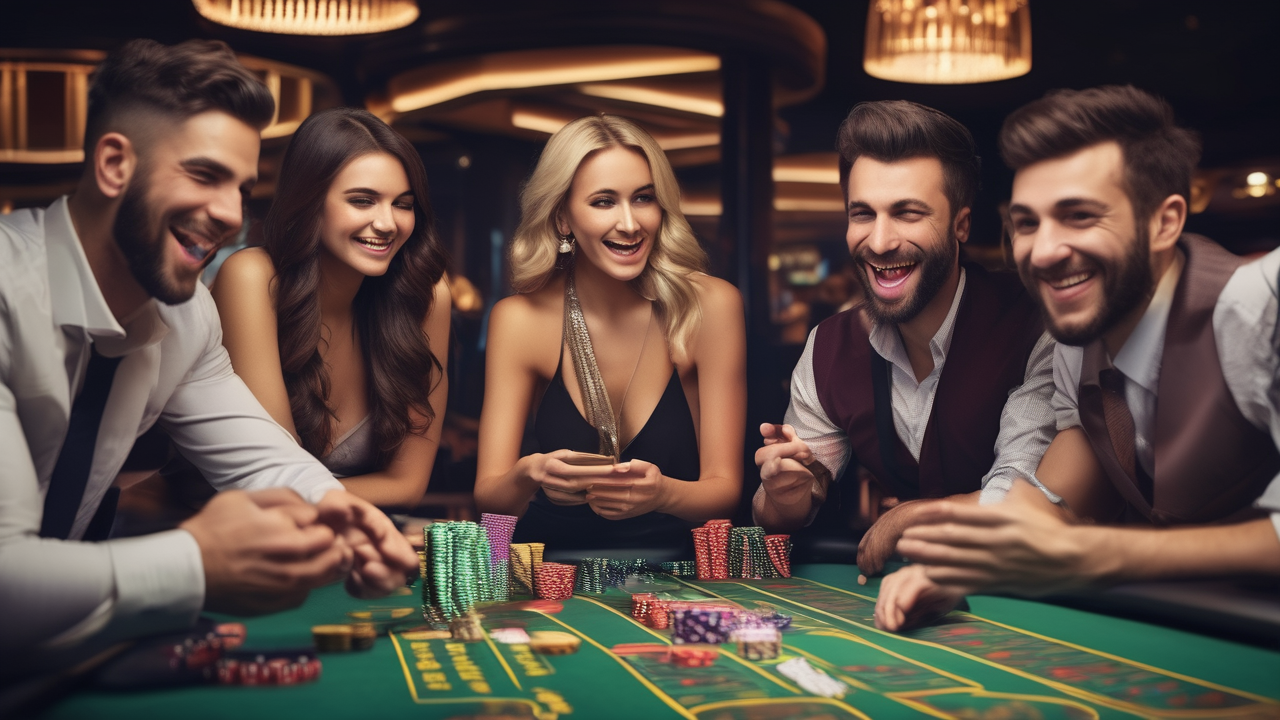 Group of friends smiling and enjoying social casino games on their devices