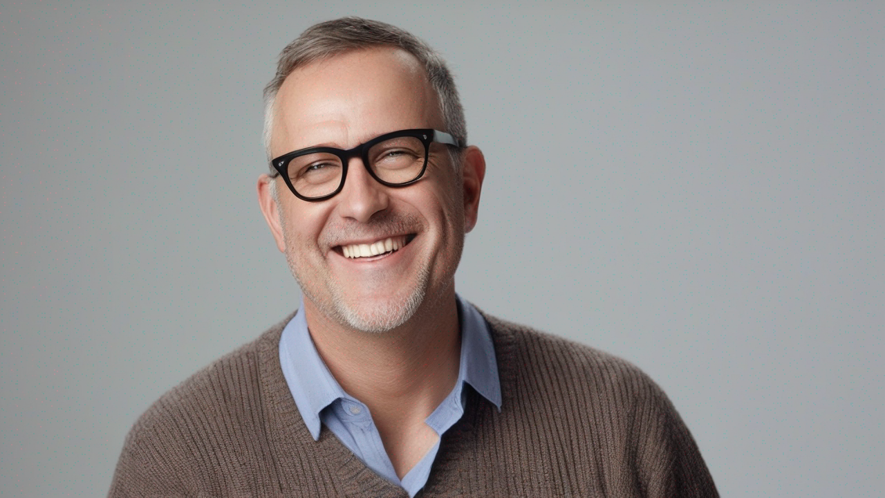 Middle-aged man with glasses smiling at camera