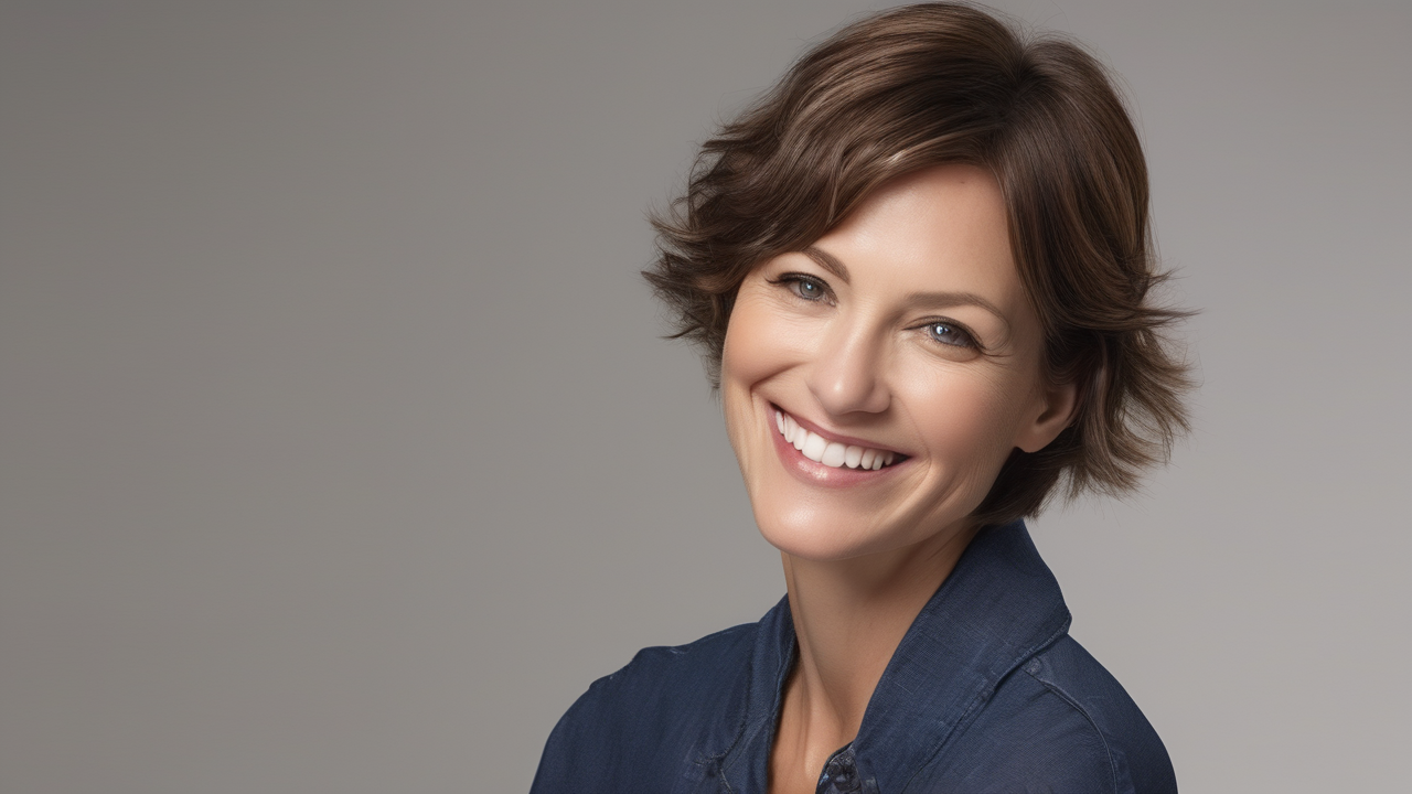 Smiling woman with short brown hair in casual attire