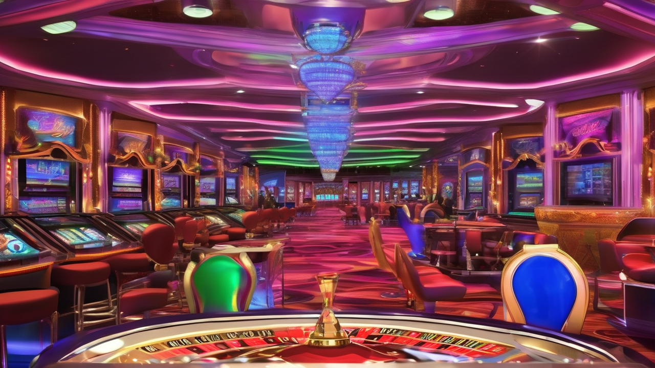 Vibrant casino environment with colorful lights and excitement, no monetary elements visible